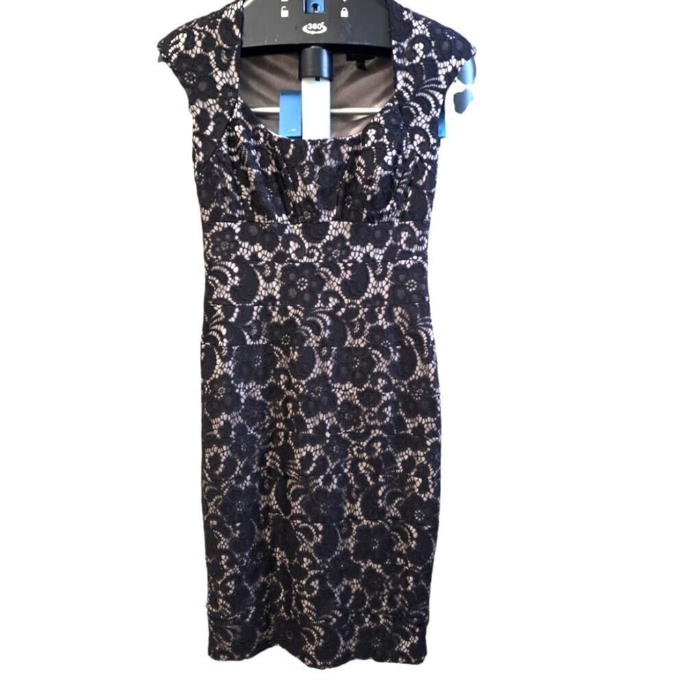 Jax Lace Sheath Dress Black lace  Gray Satin Mini Short Square Low Neckline 2